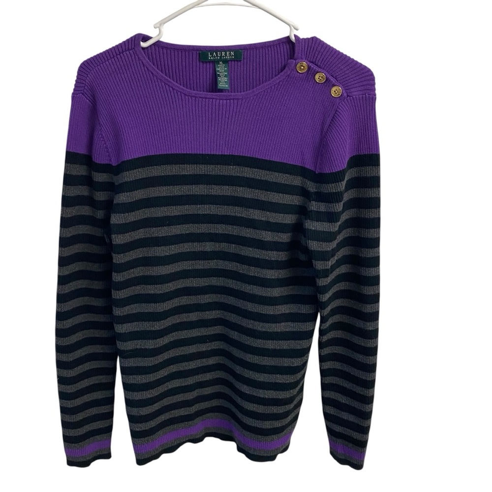 Lauren Ralph Lauren Purple and Black Striped Sweater 3 Shoulder Gold Buttons XL